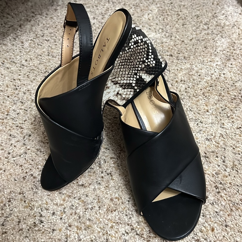 Talbot’s Black Leather And Python Print Wedge San… - image 2